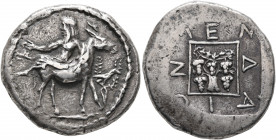 MACEDON. Mende. Circa 460-423 BC. Tetradrachm (Silver, 29 mm, 17.33 g, 4 h). Dionysos, bearded and holding kantharos in his right hand, reclining left...