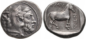 KINGS OF MACEDON. Amyntas III, 393-370/69 BC. Stater (Silver, 23 mm, 9.59 g, 12 h), Aigai. Bearded head of Herakles to right, wearing lion skin headdr...
