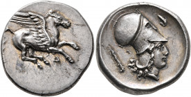 ILLYRIA. Dyrrhachion. Circa 344-300 BC. Stater (Silver, 24 mm, 8.60 g, 3 h). Pegasos flying right; below, Δ. Rev. Head of Athena to right, wearing Cor...