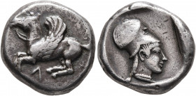 AKARNANIA. Leukas. Circa 470-450 BC. Stater (Silver, 18 mm, 8.47 g, 10 h). Pegasos flying left, bridled and with curved wings; below, Λ. Rev. Head of ...