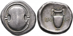 BOEOTIA, Federal Coinage. Circa 395-387 BC. Stater (Silver, 23 mm, 12.23 g). Boeotian shield. Rev. BO-IΩ Amphora; above, bow; all within shallow incus...
