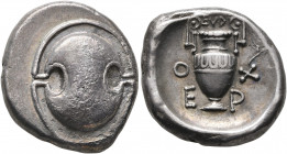BOEOTIA. Orchomenos. Circa 385-375 BC. Stater (Silver, 25 mm, 12.00 g). Boeotian shield. Rev. O-X/E-P Amphora; above, EYΔ; to upper right, vertical wh...