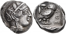 ATTICA. Athens. Circa 440s BC. Tetradrachm (Silver, 26 mm, 17.18 g, 9 h). Head of Athena to right, wearing crested Attic helmet decorated with three o...