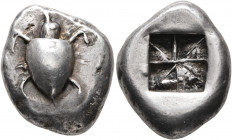 ISLANDS OFF ATTICA, Aegina. Circa 550-530/25 BC. Stater (Silver, 23 mm, 12.24 g). Sea tortoise with thin collar and faint row of dots on its back. Rev...