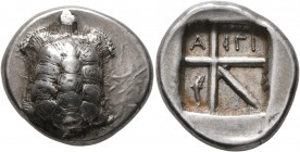 ISLANDS OFF ATTICA, Aegina. Circa 350-338 BC. Stater (Silver, 24 mm, 12.20 g, 4 h). Land tortoise with segmented shell. Rev. A-IΓI Incuse square divid...