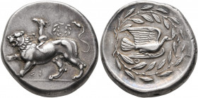 SIKYONIA. Sikyon. Circa 340-330 BC. Stater (Silver, 24 mm, 12.24 g, 3 h). Chimaira walking left on ground line; above, wreath; below, ΣΙ. Rev. Dove fl...