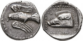 CRETE. Lyttos. Circa 320-270 BC. Stater (Silver, 25 mm, 11.00 g, 12 h). Eagle flying left with leg below. Rev. ΛYTTI/ON Head of a boar to left; all wi...