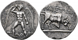 CRETE. Phaistos. Circa 320-300 BC. Stater (Silver, 23 mm, 11.35 g, 12 h). T-AΛ-ΩN Talos, nude, standing facing with spread wings, raising his right ha...