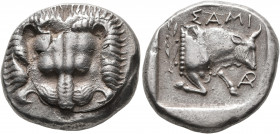 ISLANDS OFF IONIA, Samos. Circa 412/1-405/4 BC. Tetradrachm (Silver, 27 mm, 17.00 g, 2 h), Attic standard. Facing scalp of a lion. Rev. ΣΑΜΙ Forepart ...