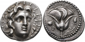 ISLANDS OFF CARIA, Rhodos. Rhodes. Circa 205-190 BC. Tetradrachm (Silver, 26 mm, 13.37 g, 12 h), Aetion, magistrate. Radiate head of Helios facing sli...