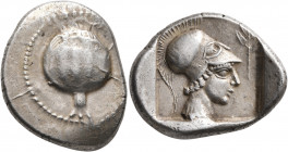 PAMPHYLIA. Side. Circa 430-400 BC. Stater (Silver, 26 mm, 10.78 g, 3 h). Pomegranate within dotted circular border. Rev. Head of Athena to right, wear...