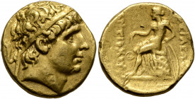 SELEUKID KINGS OF SYRIA. Antiochos I Soter, 281-261 BC. Stater (Gold, 18 mm, 8.43 g, 6 h), Aï Khanoum, circa 266-261. Diademed head of Antiochos I to ...