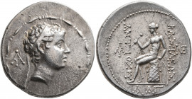 SELEUKID KINGS OF SYRIA. Antiochos V Eupator, 164-162 BC. Tetradrachm (Silver, 31 mm, 16.70 g, 12 h), Ake-Ptolemais. Struck under Lysias, 165-164. Dia...