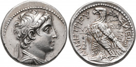 SELEUKID KINGS OF SYRIA. Demetrios II Nikator, first reign, 146-138 BC. Tetradrachm (Silver, 27 mm, 14.11 g, 12 h), Ptolemaic standard. Tyros, SE 169 ...
