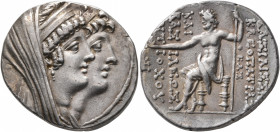 SELEUKID KINGS OF SYRIA. Cleopatra Thea & Antiochos VIII, 126/5-121/0 BC. Tetradrachm (Silver, 29 mm, 16.41 g, 12 h), Ake-Ptolemais. Jugate busts of C...