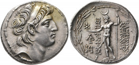 SELEUKID KINGS OF SYRIA. Antiochos VIII Epiphanes (Grypos), 121/0-97/6 BC. Tetradrachm (Silver, 30 mm, 16.71 g, 12 h), Damaskos, SE 195 = 118/7. Diade...