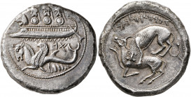 PHOENICIA. Byblos. Urimilk III, circa 365-350 BC. Shekel (Silver, 27 mm, 13.24 g, 3 h), circa 351-350. Three hoplites, helmeted and holding round shie...