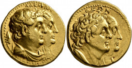 PTOLEMAIC KINGS OF EGYPT. Ptolemy II Philadelphos, with Arsinöe II, Ptolemy I, and Berenike I, 285-246 BC. Mnaieion or Oktadrachm (Gold, 26 mm, 27.80 ...