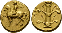 KYRENAICA. Kyrene. Second Revolt of the Kyrenaikans, circa 305-300 BC. Tetrobol (Gold, 12 mm, 2.83 g, 4 h), Sosis, magistrate. Horseman riding slowly ...