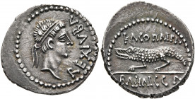 KINGS OF MAURETANIA. Juba II, with Cleopatra Selene, 25 BC-AD 24. Denarius (Silver, 19 mm, 2.62 g, 4 h), Caesarea Mauretaniae, circa 16-17. REX IVBA D...