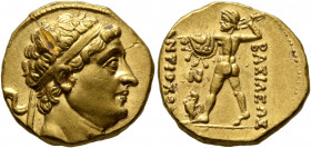 BAKTRIA, Greco-Baktrian Kingdom. Diodotos I, circa 255-235 BC. Stater (Gold, 17 mm, 8.31 g, 6 h), in the name of the Seleukid King Antiochos II (?). M...