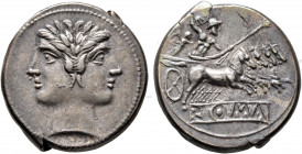 Anonymous, circa 225-214 BC. Quadrigatus - Didrachm (Silver, 23 mm, 6.62 g, 5 h), uncertain mint. Laureate head of Janus. Rev. ROMA (incuse on raised ...