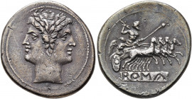 Anonymous, circa 225-214 BC. Quadrigatus - Didrachm (Silver, 24 mm, 6.51 g, 6 h), uncertain mint. Laureate head of Janus. Rev. ROMA (incuse on raised ...