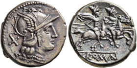 Anonymous, after 211 BC. Denarius (Silver, 19 mm, 4.09 g, 1 h), Rome. Head of Roma to right, wearing winged helmet, pendant earring and pearl necklace...