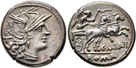 C. Maianius, 153 BC. Denarius (Silver, 18 mm, 3.92 g, 9 h), Rome. Head of Roma to right, wearing winged helmet, pendant earring and pearl necklace; be...