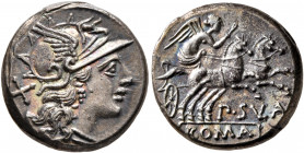 Pub. Sulla, 151 BC. Denarius (Silver, 18 mm, 4.13 g, 3 h), Rome. Head of Roma to right, wearing winged helmet, pendant earring and pearl necklace; beh...