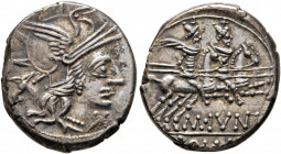 M. Junius Silanus, 145 BC. Denarius (Silver, 19 mm, 3.80 g, 6 h), Rome. Head of Roma to right, wearing winged helmet, pendant earring and pearl neckla...