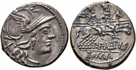 P. Aelius Paetus, 138 BC. Denarius (Silver, 20 mm, 4.00 g, 4 h), Rome. Head of Roma to right, wearing winged helmet, pendant earring and pearl necklac...