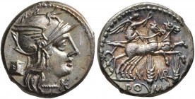 M. Marcius Mn.f, 134 BC. Denarius (Silver, 18 mm, 3.93 g, 3 h), Rome. Head of Roma to right, wearing winged helmet, pendant earring and pearl necklace...