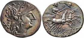 Publius Calpurnius, 133 BC. Denarius (Silver, 20 mm, 3.95 g, 6 h), Rome. Head of Roma to right, wearing winged helmet, pendant earring and pearl neckl...