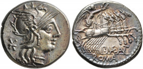P. Maenius Antiacus M.f, 132 BC. Denarius (Silver, 18 mm, 4.00 g, 6 h), Rome. Head of Roma to right, wearing winged helmet, pendant earring and pearl ...