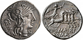 M. Aburius M.f. Geminus, 132 BC. Denarius (Silver, 19 mm, 3.99 g, 6 h), Rome. GEM Head of Roma to right, wearing winged helmet, pendant earring and pe...