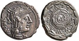 M. Caecilius Q.f. Q.n. Metellus, 127 BC. Denarius (Silver, 18 mm, 4.00 g, 3 h), Rome. ROMA Head of Roma to right, wearing winged helmet, pendant earri...