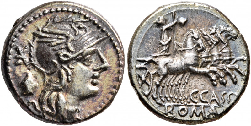 C. Cassius, 126 BC. Denarius (Silver, 18 mm, 4.00 g, 3 h), Rome. Head of Roma to...