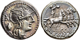 C. Cassius, 126 BC. Denarius (Silver, 18 mm, 4.00 g, 3 h), Rome. Head of Roma to right, wearing winged helmet, pendant earring and pearl necklace; beh...