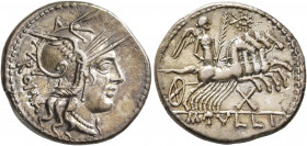 M. Tullius, 119 BC. Denarius (Silver, 20 mm, 4.00 g, 5 h), Rome. ROMA Head of Roma to right, wearing winged helmet, pendant earring and pearl necklace...
