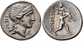 M. Herennius, 108-107 BC. Denarius (Silver, 18 mm, 3.93 g, 11 h), Rome. PIETAS Head of Pietas to right, wearing diadem, pendant earring and pearl neck...
