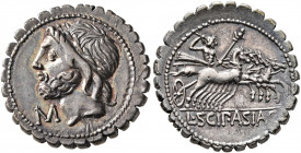 L. Scipio Asiagenus, 106 BC. Denarius (Silver, 20 mm, 4.00 g, 4 h), Rome. Laureate head of Jupiter to left; below chin, M. Rev. L•SCIP•ASIAG Jupiter d...