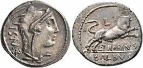 L. Thorius Balbus, 105 BC. Denarius (Silver, 19 mm, 3.87 g, 11 h), Rome. I•S•M•R Head of Juno Sospita to right, wearing goat-skin headdress. Rev. L•TH...