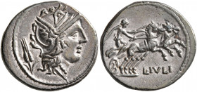 L. Julius, 101 BC. Denarius (Silver, 19 mm, 3.94 g, 12 h), Rome. Head of Roma to right, wearing winged helmet, pendant earring and pearl necklace; beh...