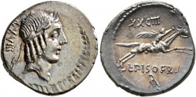 L. Calpurnius Piso Frugi, 90 BC. Denarius (Silver, 19 mm, 3.86 g, 3 h), Rome. Laureate head of Apollo to right; behind, LXVIII. Rev. L•PISO•FRV[GI] Na...