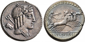 L. Julius Bursio, 85 BC. Denarius (Silver, 19 mm, 4.05 g, 7 h), Rome. Laureate, winged, and draped bust of Apollo Vejovis to right, with trident over ...