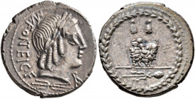 Mn. Fonteius C.f, 85 BC. Denarius (Silver, 19 mm, 3.69 g, 1 h), Rome. MN •FO NT EI C•F Laureate head of Apollo to right; to right, monogram of ROMA; b...