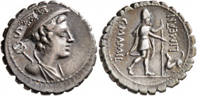 C. Mamilius Limetanus, 82 BC. Denarius (Silver, 19 mm, 3.73 g, 11 h), Rome. Draped bust of Mercury to right, wearing winged petasus and with caduceus ...