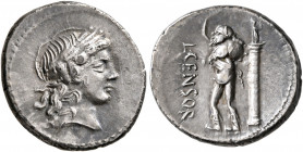 L. Censorinus, 82 BC. Denarius (Silver, 19 mm, 3.81 g, 3 h), Rome. Laureate head of Apollo to right. Rev. L•CENSOR Marsyas, bald-headed, advancing to ...