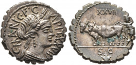 C. Marius C.f. Capito, 81 BC. Denarius (Silver, 18 mm, 3.99 g, 4 h), Rome. C•MARI•C•F•CAPIT•XXVII Draped bust of Ceres to right, wearing wreath of gra...